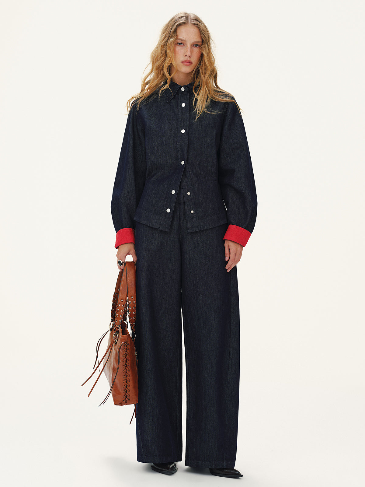 Heart-Back Contrast Cuff Denim Shirt