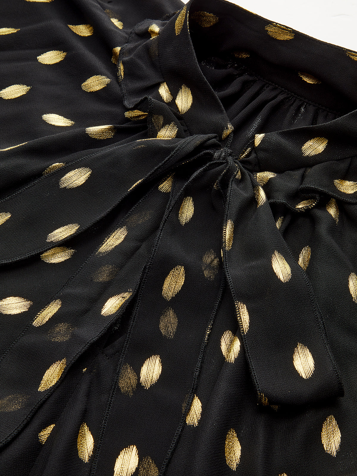 Semi-Sheer Foil Spot Print Ruffle Chiffon Blouse