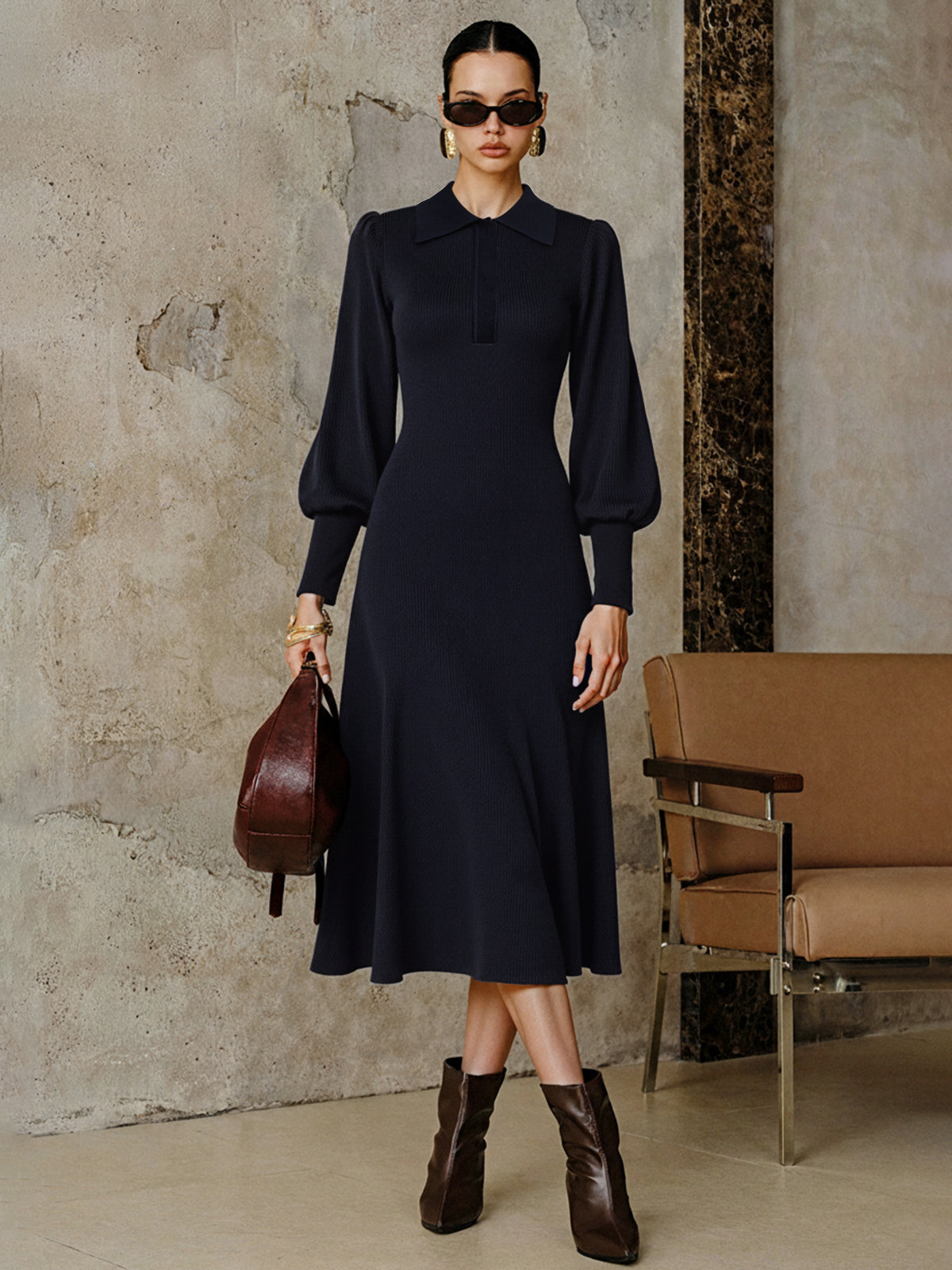 Robe midi en laine mélangée à col et manches gigot