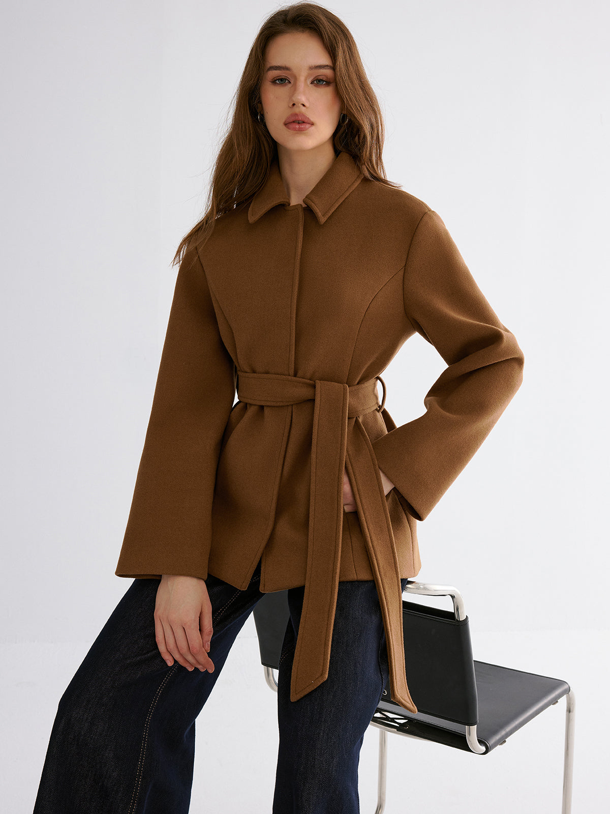 Jacke aus glattem Wollmix mit Gürtel
