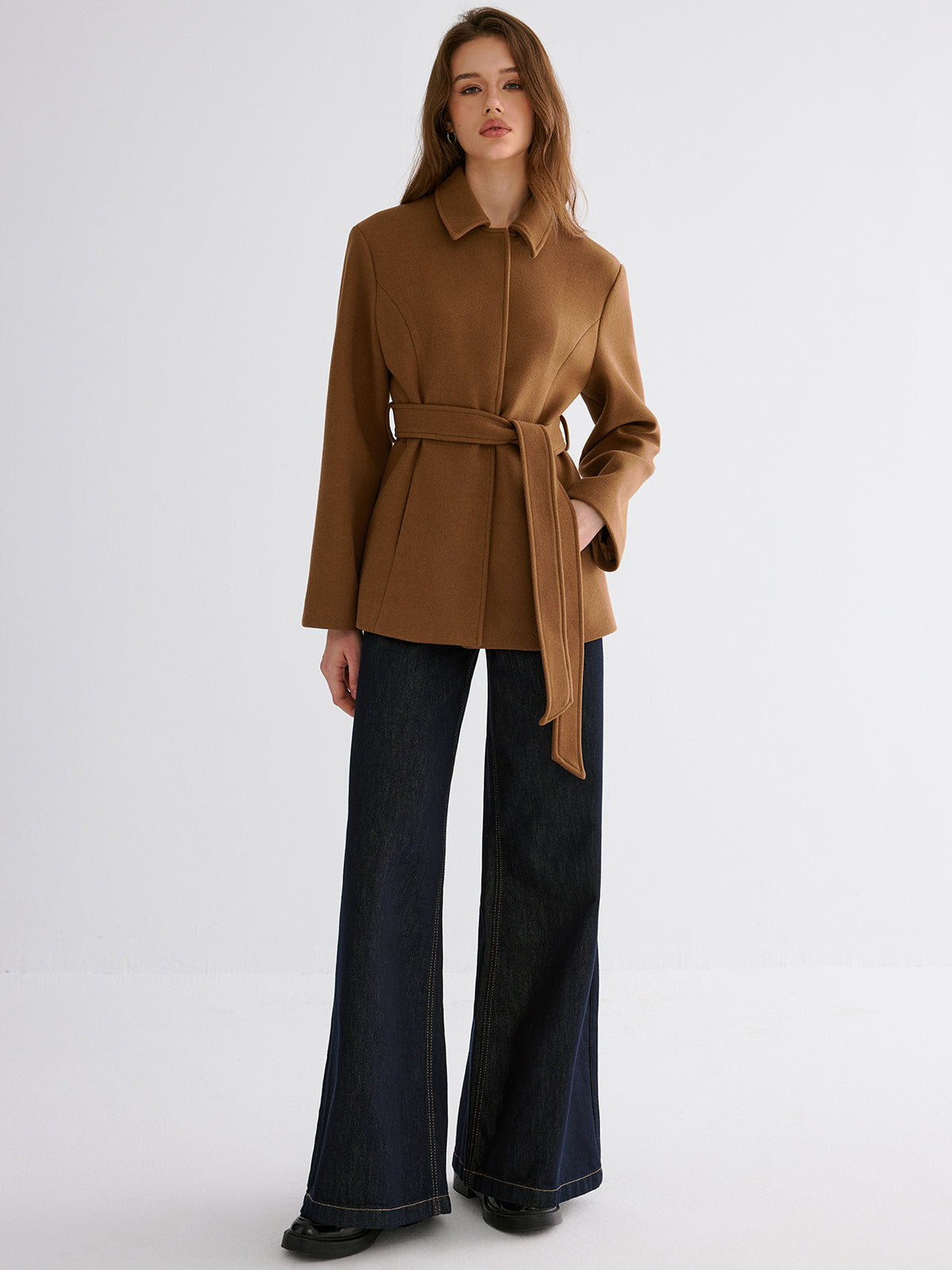 Jacke aus glattem Wollmix mit Gürtel