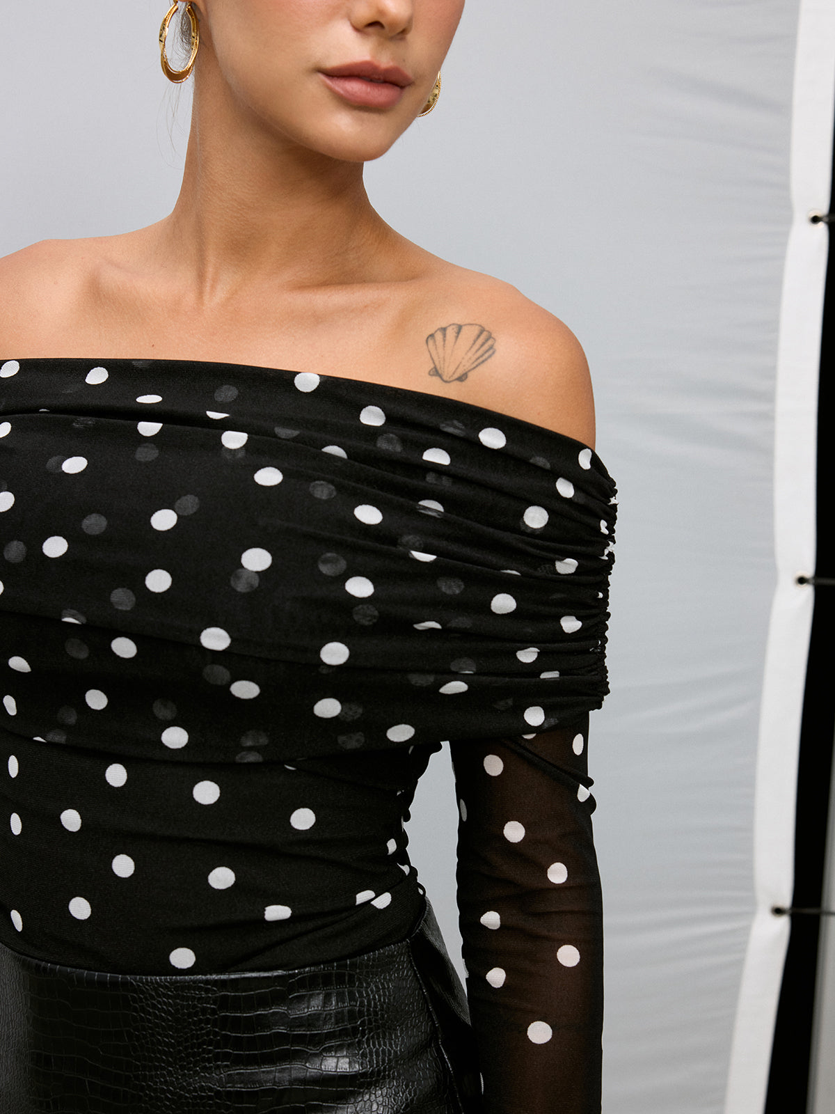 Off-Shoulder Polka Dot Chiffon Blouse