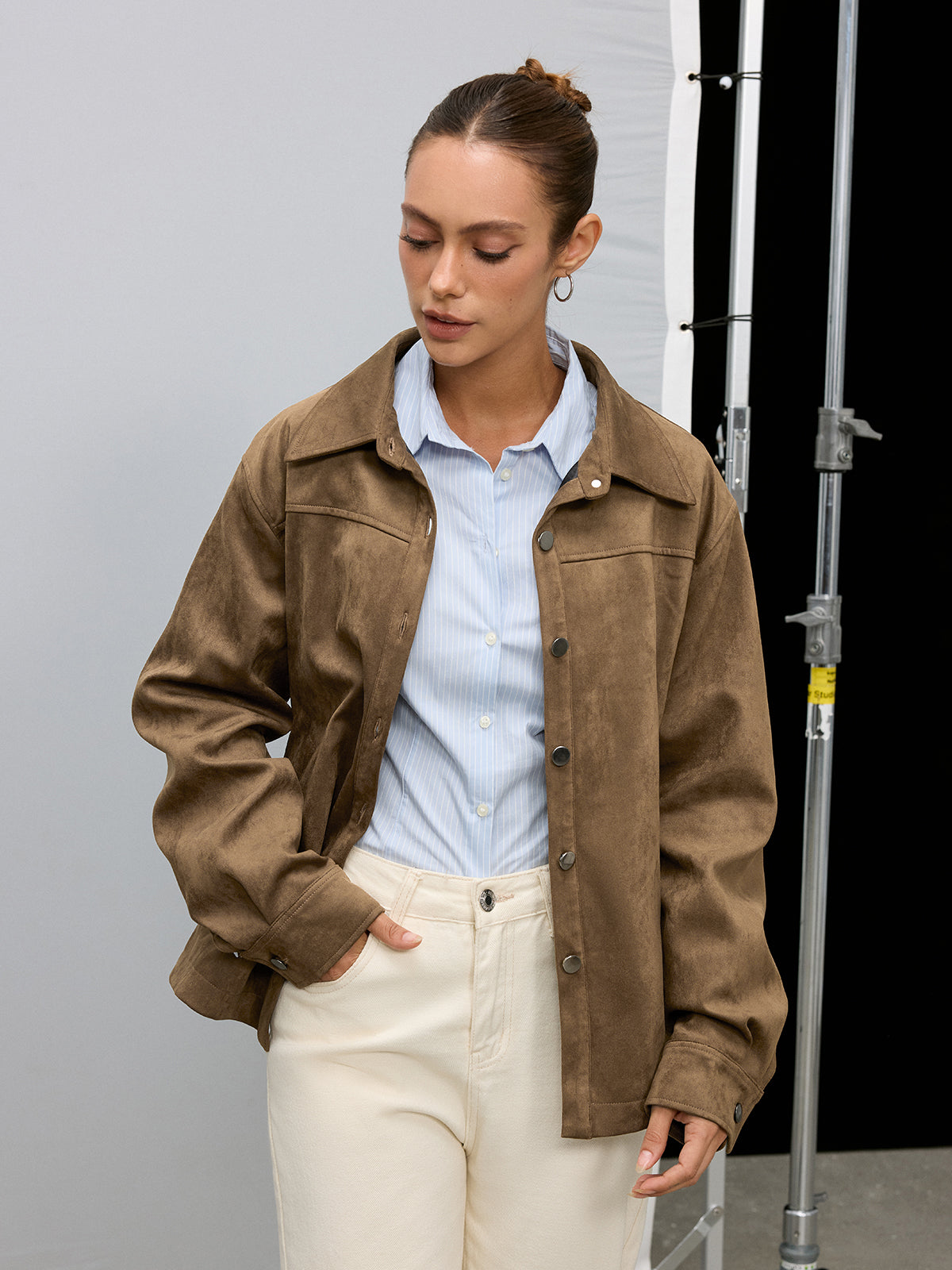 Belted Collared Suede Effect Jacket