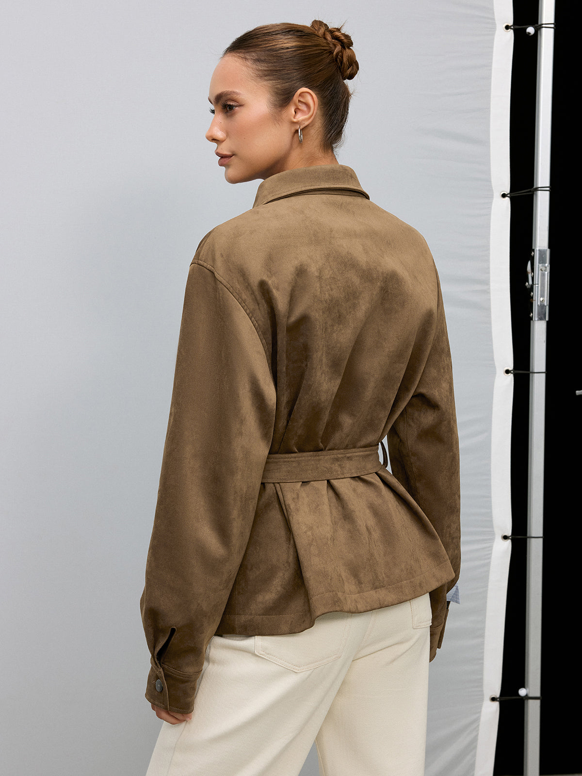 Belted Collared Suede Effect Jacket