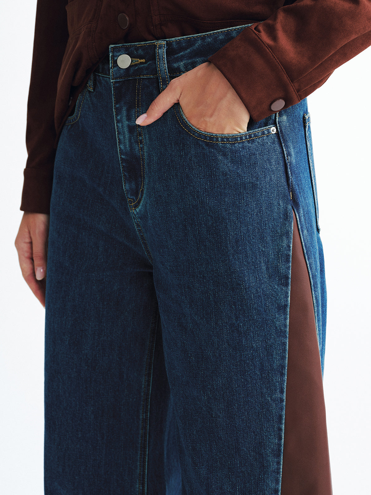 Jean large en denim mi-taille à empiècements contrastants