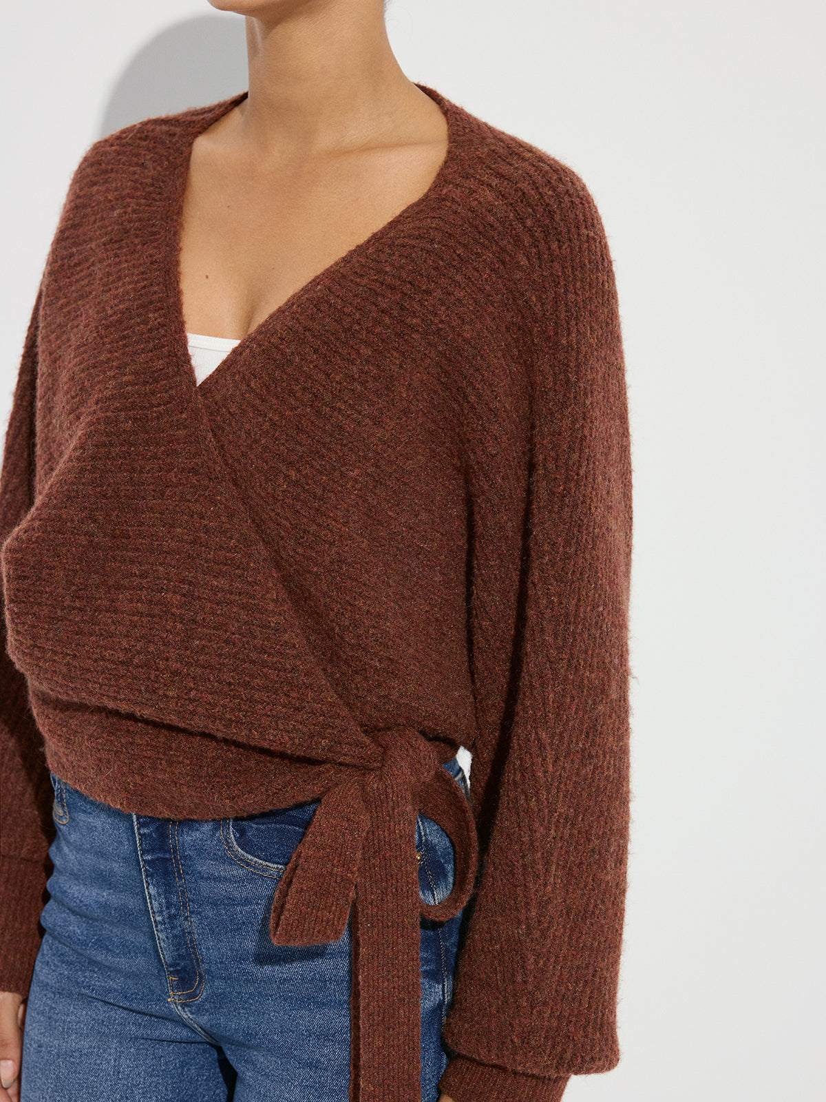 Wool Blend V-Neck Wrap Knit Top