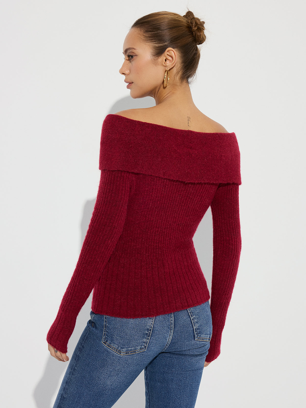 Wool Blend Twisted Off-Shoulder Knit Sweater