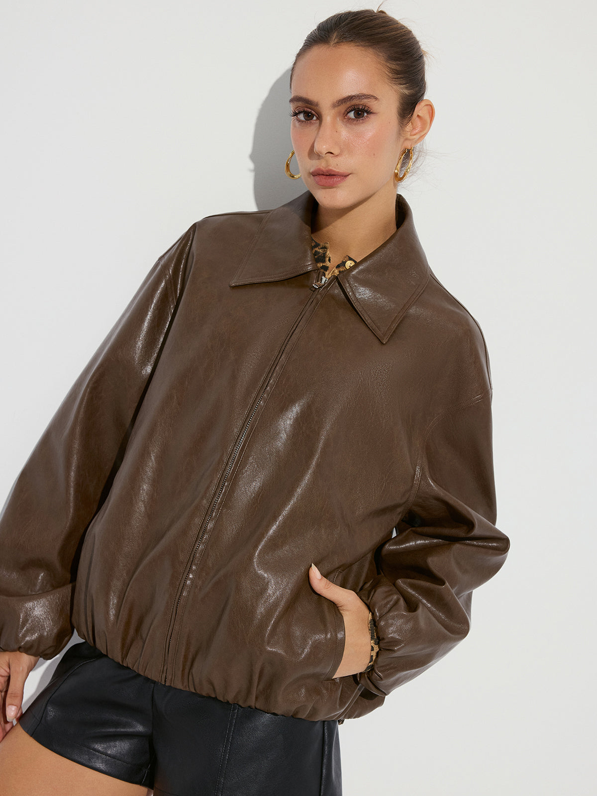 Zip-Front Collared PU Leather Jacket