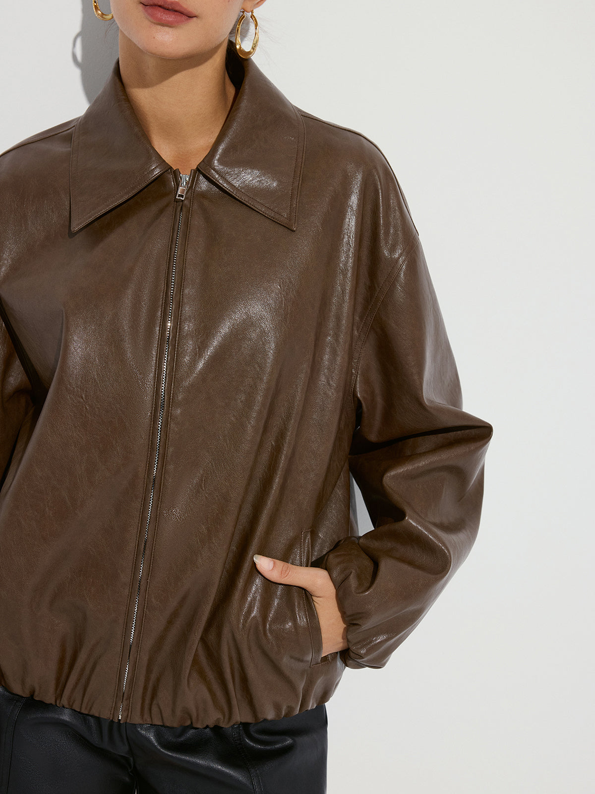 Zip-Front Collared PU Leather Jacket