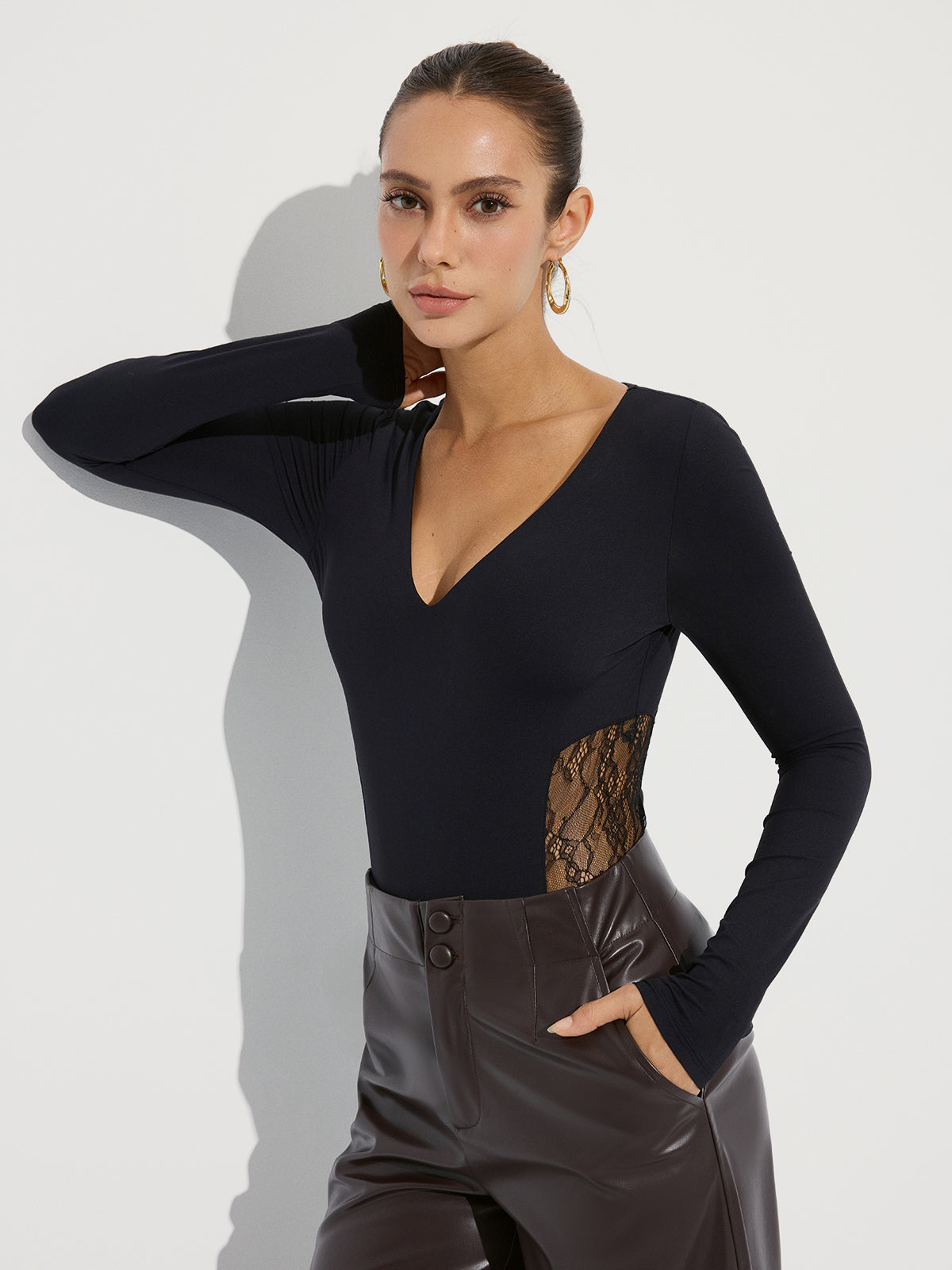 Body à panneau en dentelle, décolleté en V profond, sans soutien-gorge