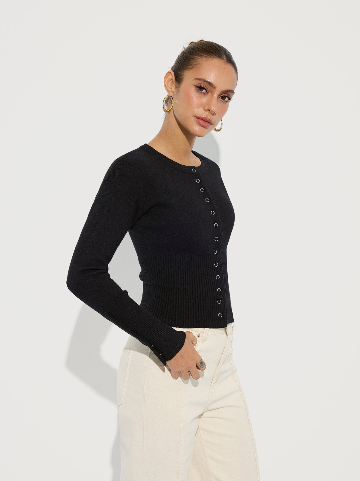Cinched Waist Crew Neck Knit Cardigan