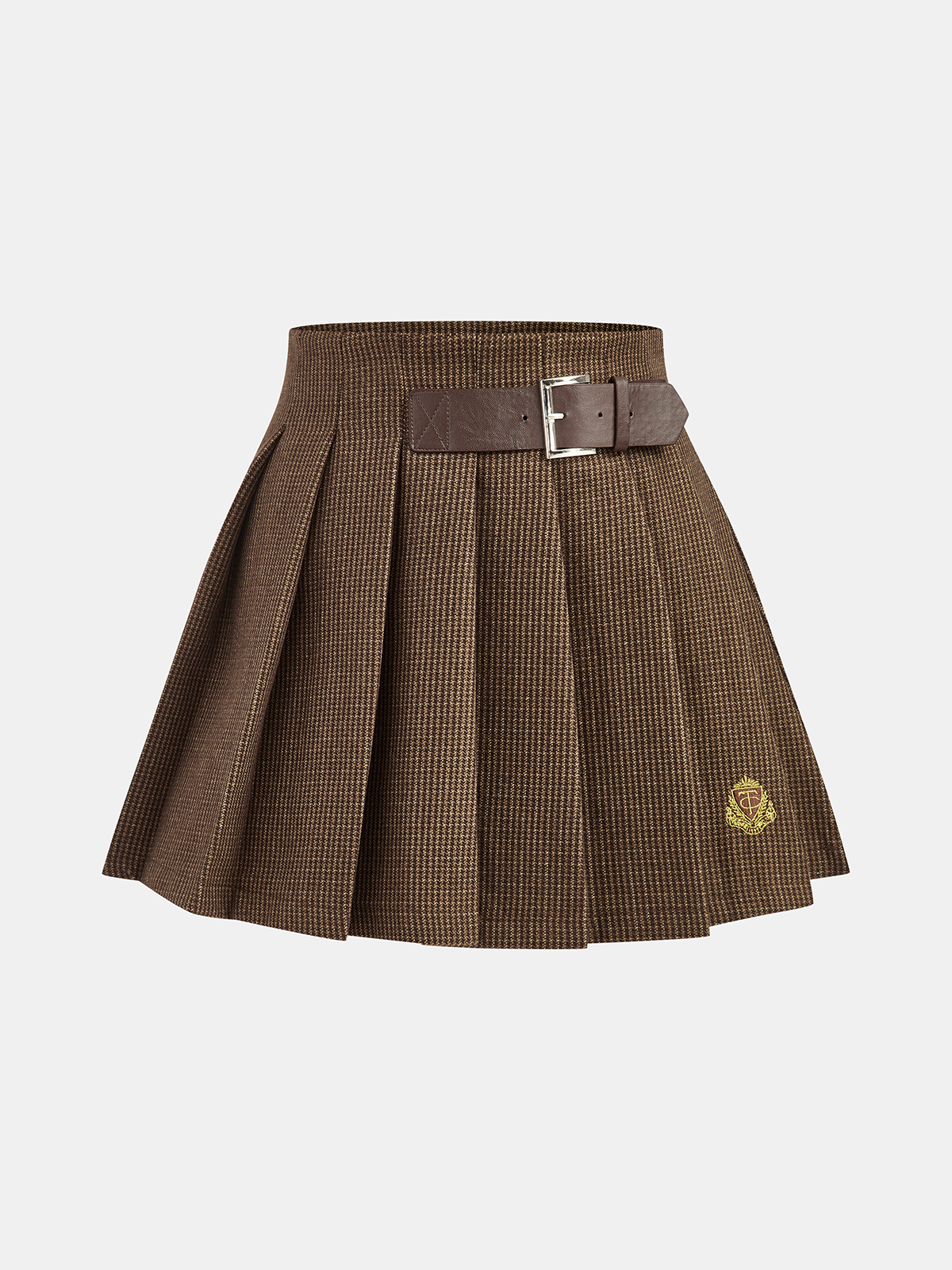 Mini-jupe plissée pied-de-poule avec ceinture décorative
