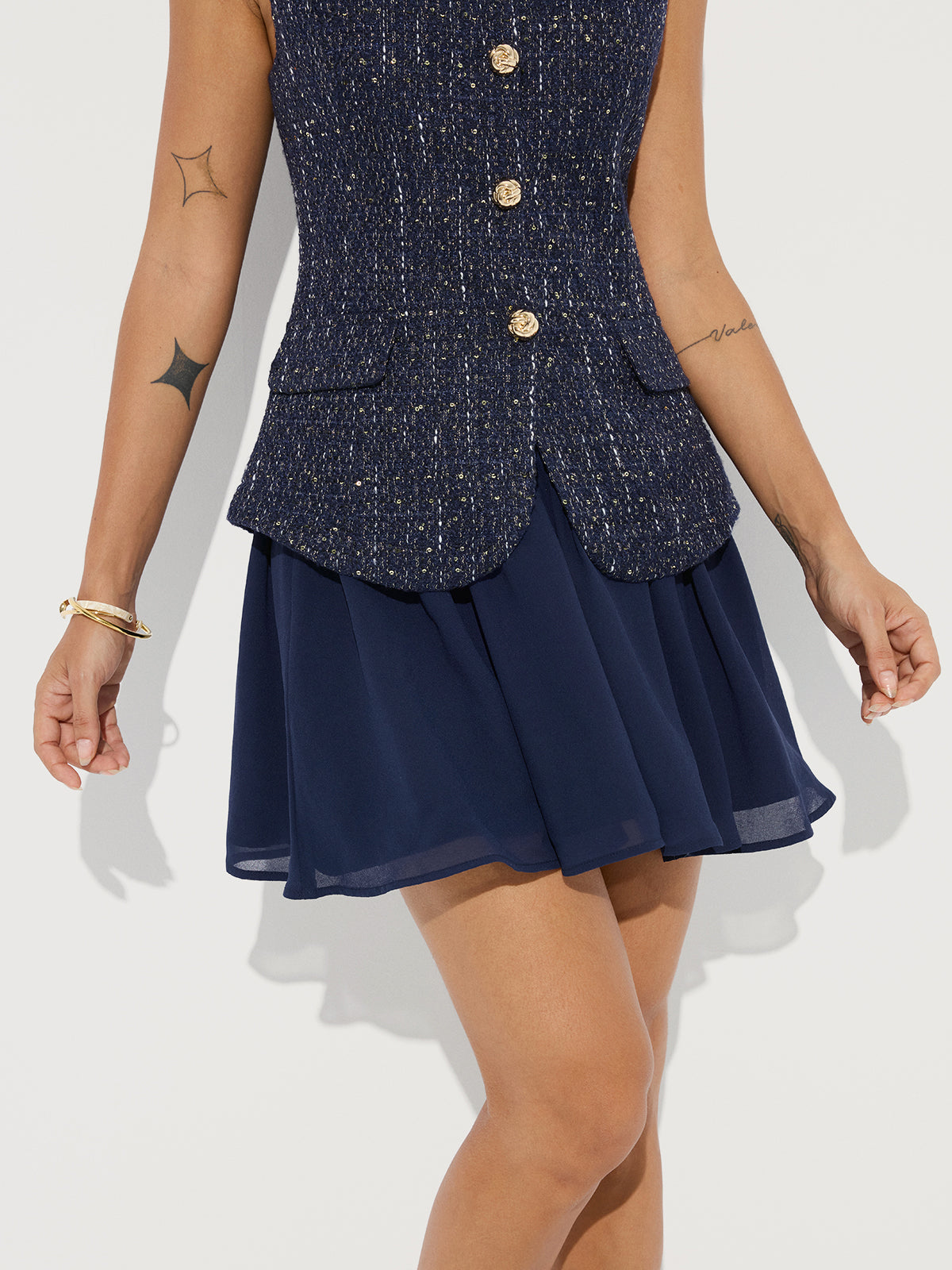 Tweed Sleeveless Top and Chiffon Mini Skirt Set