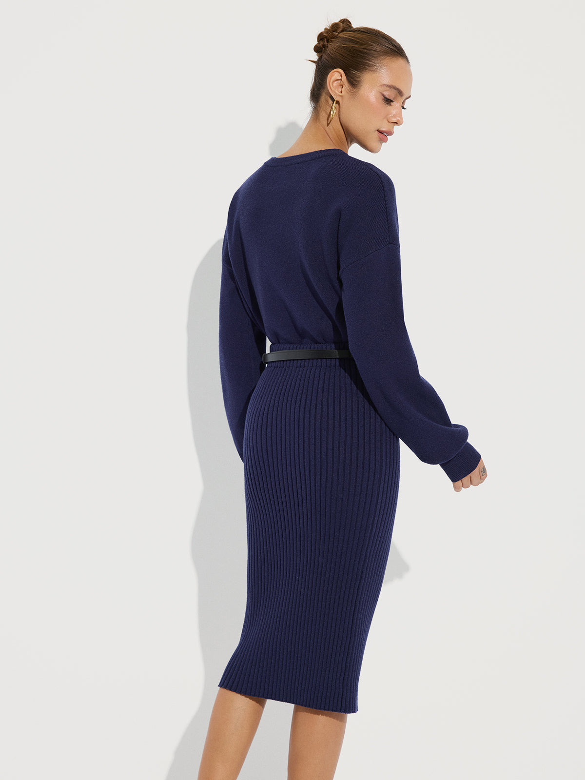 Crew Neck Knit Sweater and Ribbed Midi Skirt