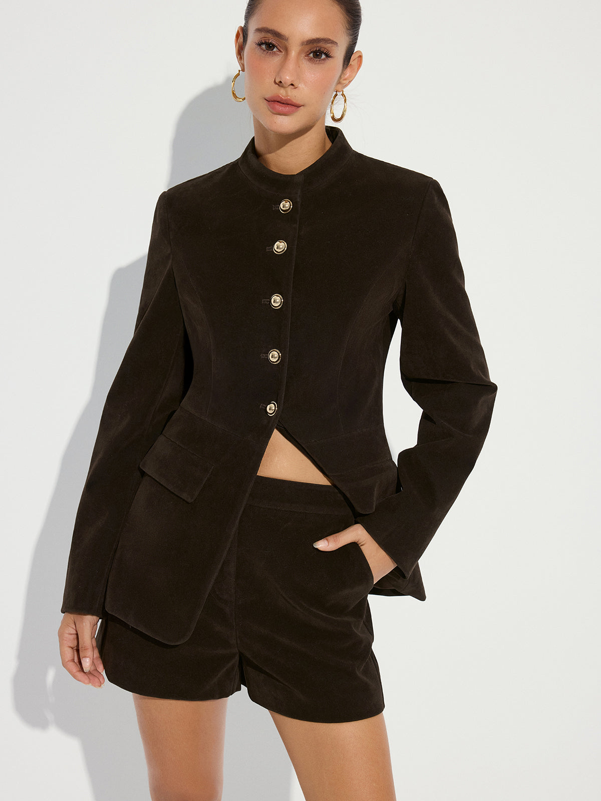 Metal Button Suede Effect Blazer