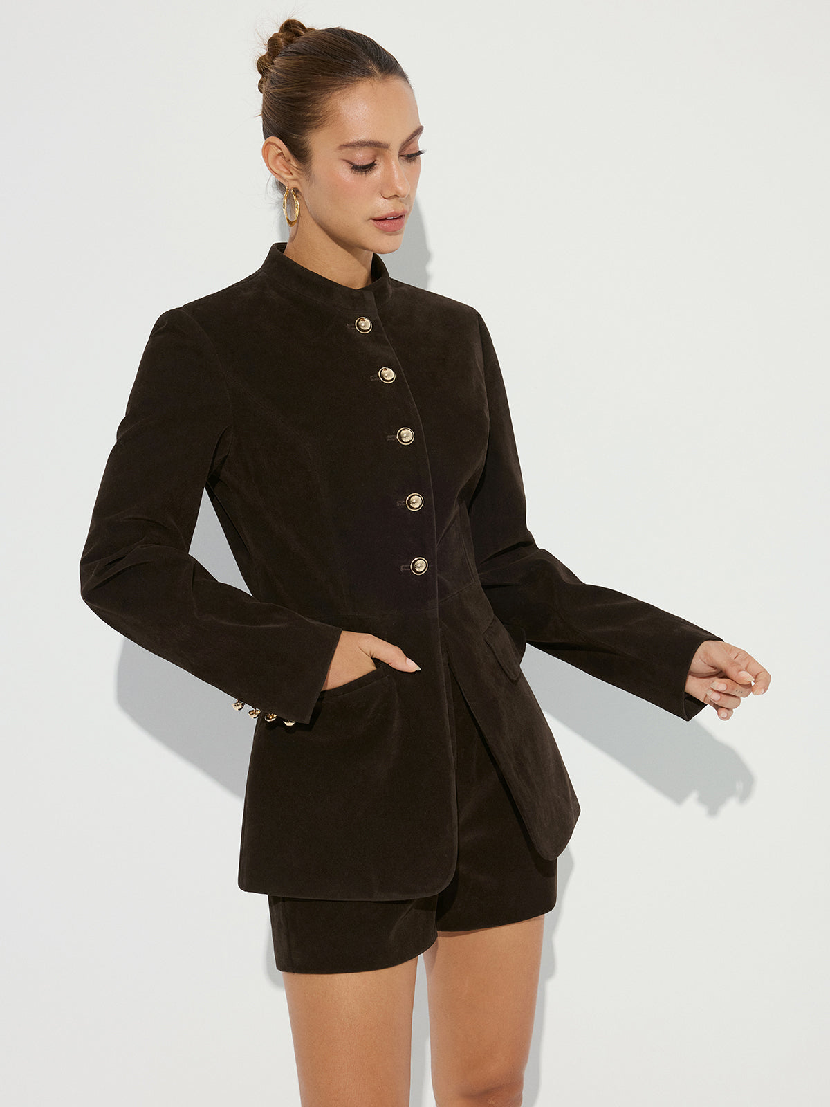 Blazer mit Wildlederoptik und Metallknöpfen