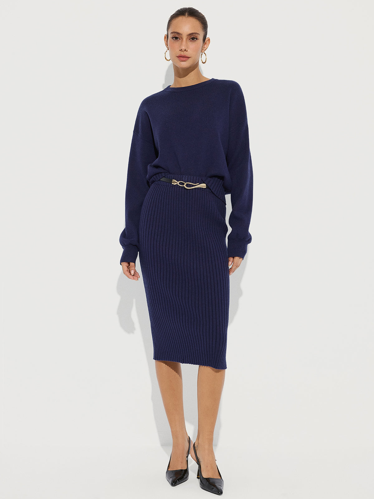 Crew Neck Knit Sweater and Ribbed Midi Skirt