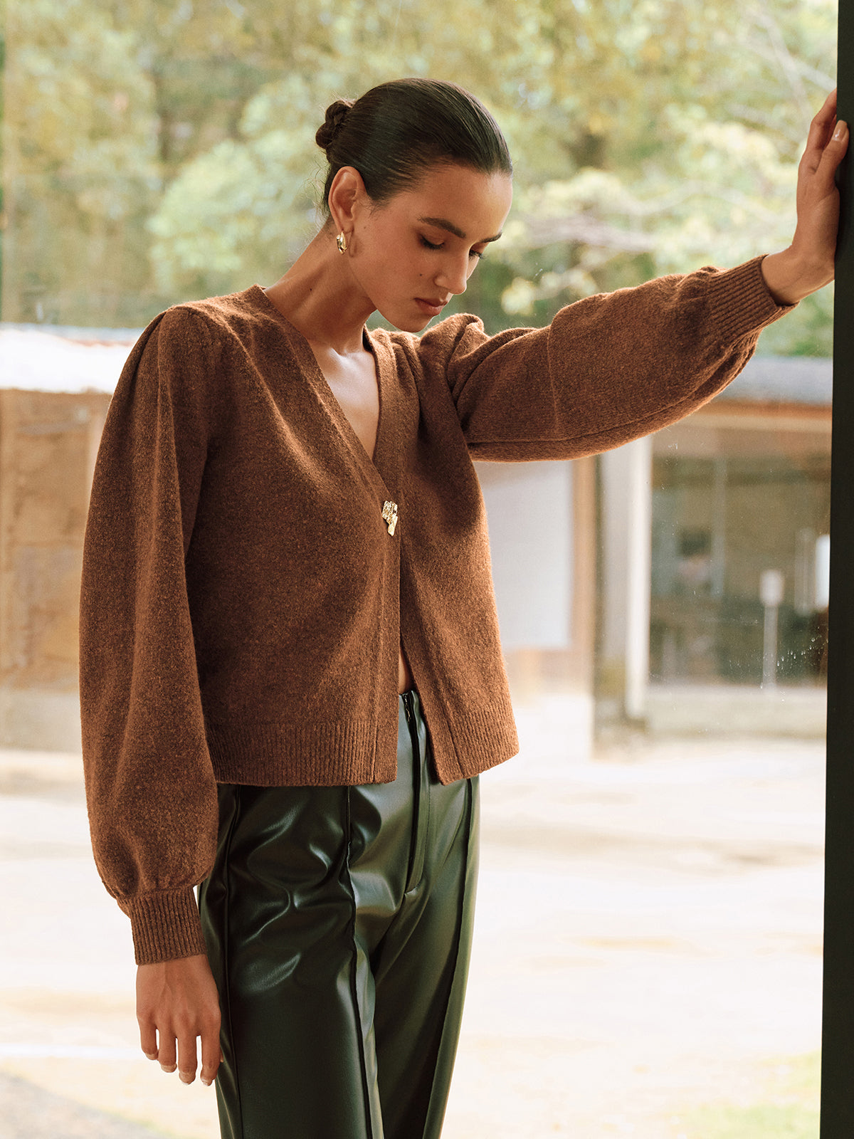 Metal Button V-Neck Knit Cardigan