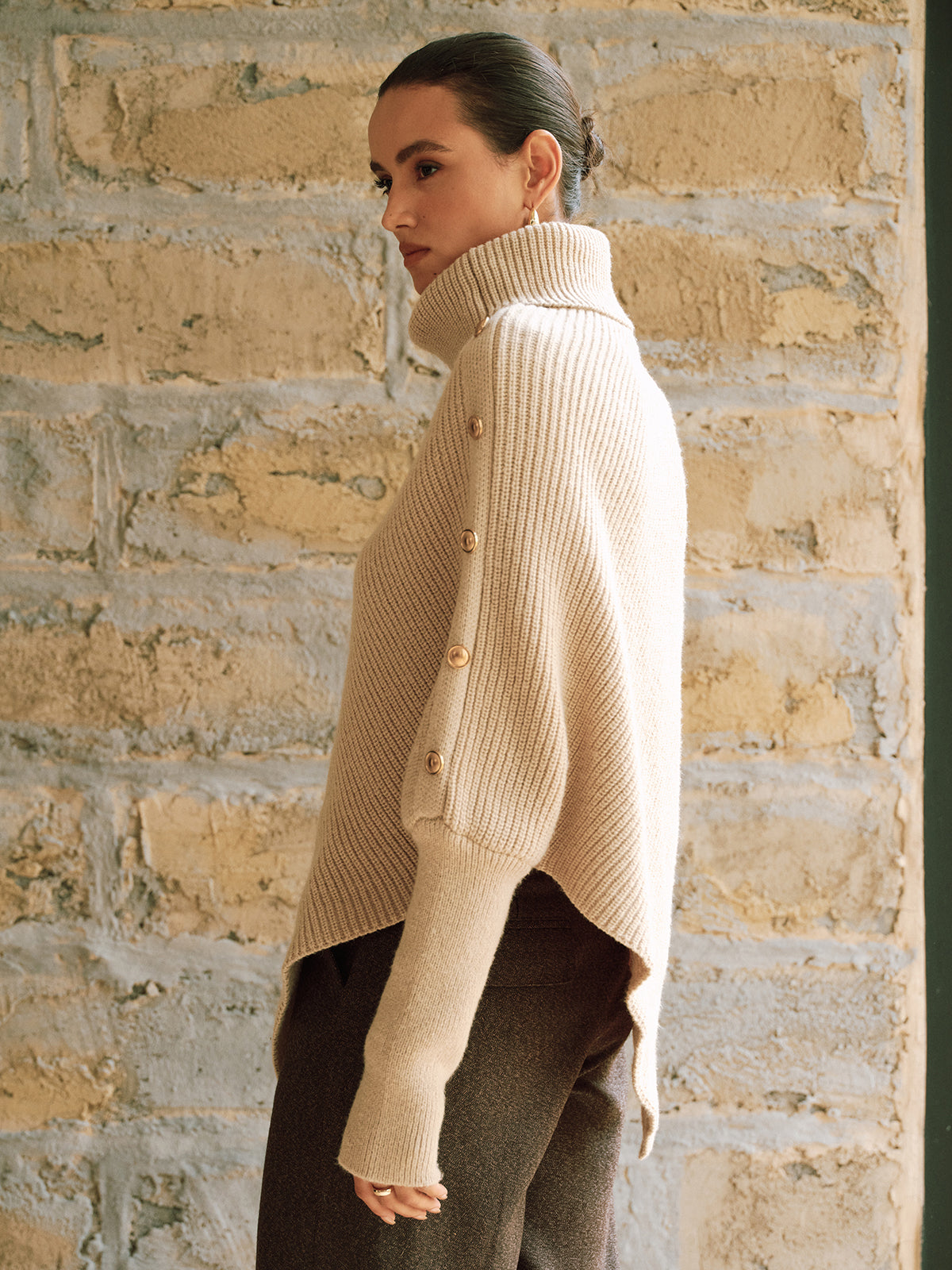 Metal Detail Turtleneck Poncho Sweater