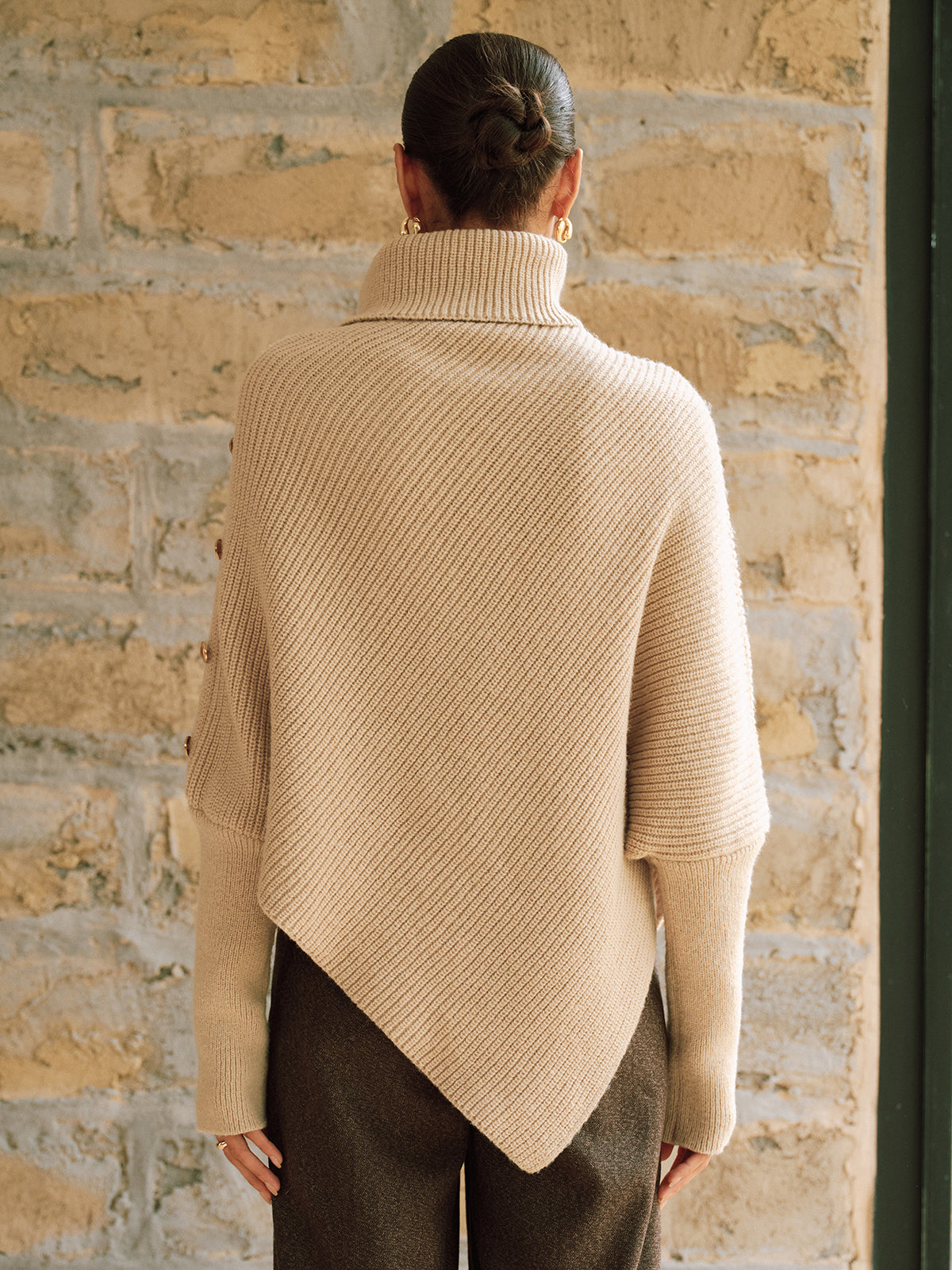 Metal Detail Turtleneck Poncho Sweater