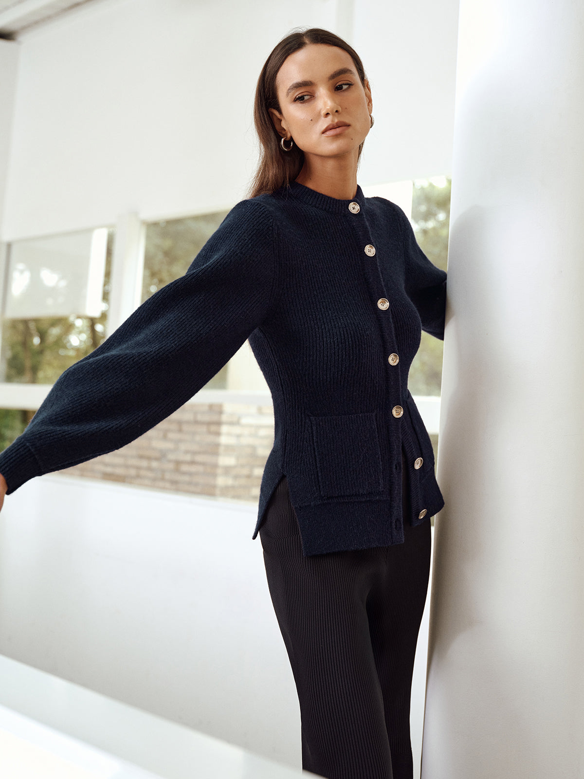 Button-Front Crew Neck Ribbed Knit Cardigan