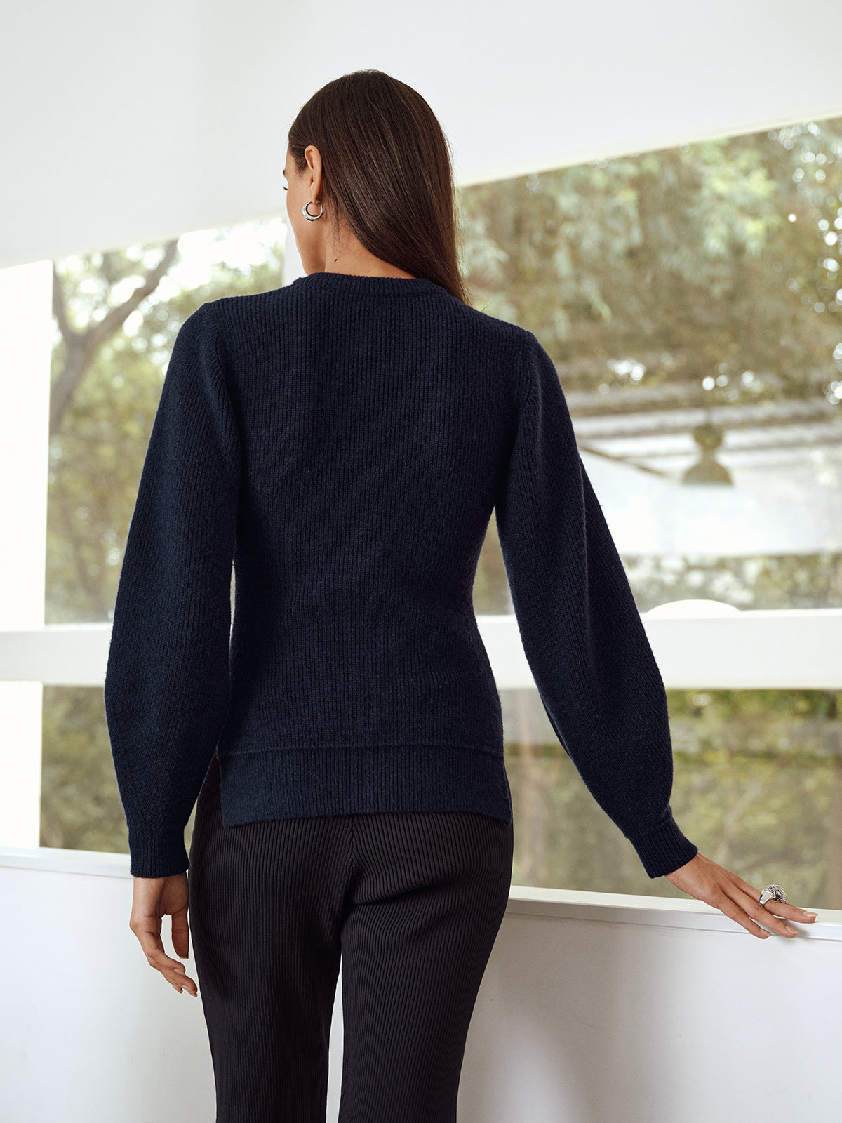 Button-Front Crew Neck Ribbed Knit Cardigan