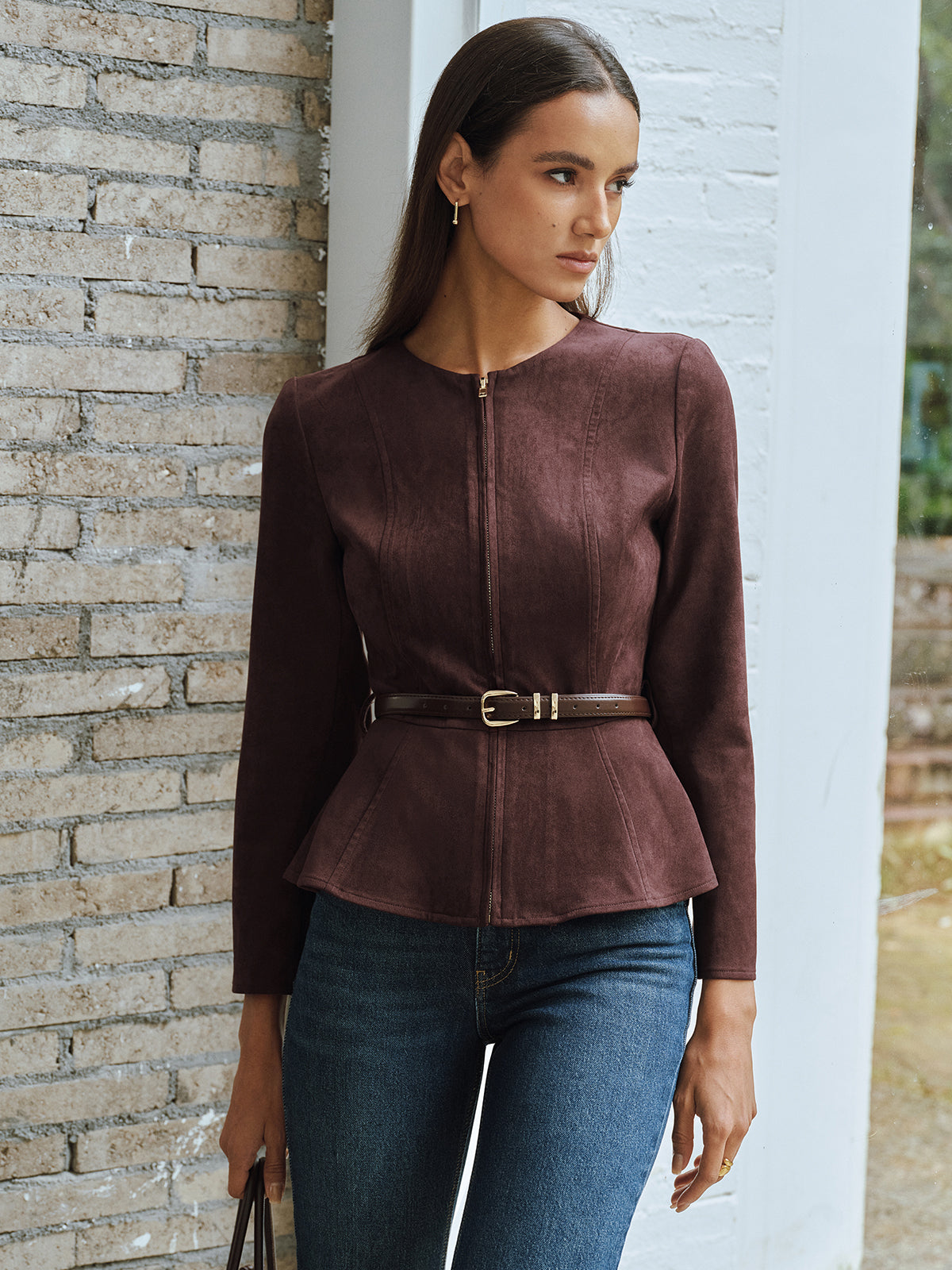 Taillierte Wildlederimitat-Jacke mit Reißverschluss