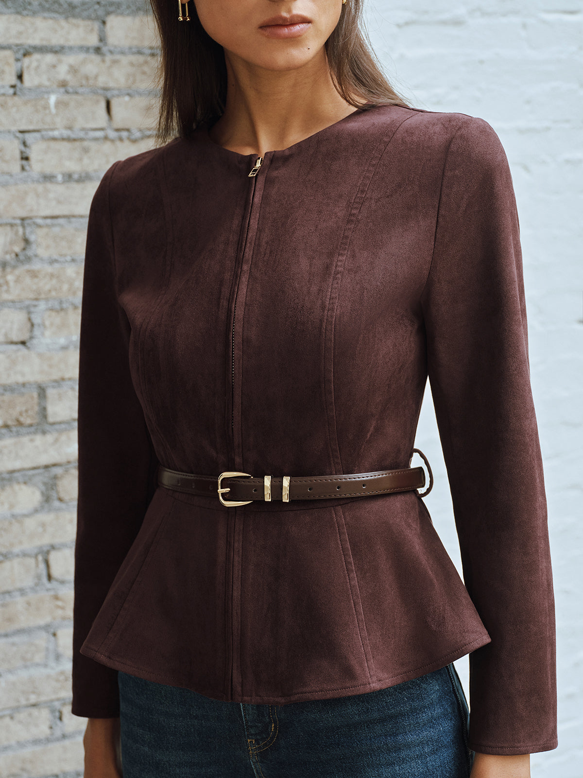 Taillierte Wildlederimitat-Jacke mit Reißverschluss