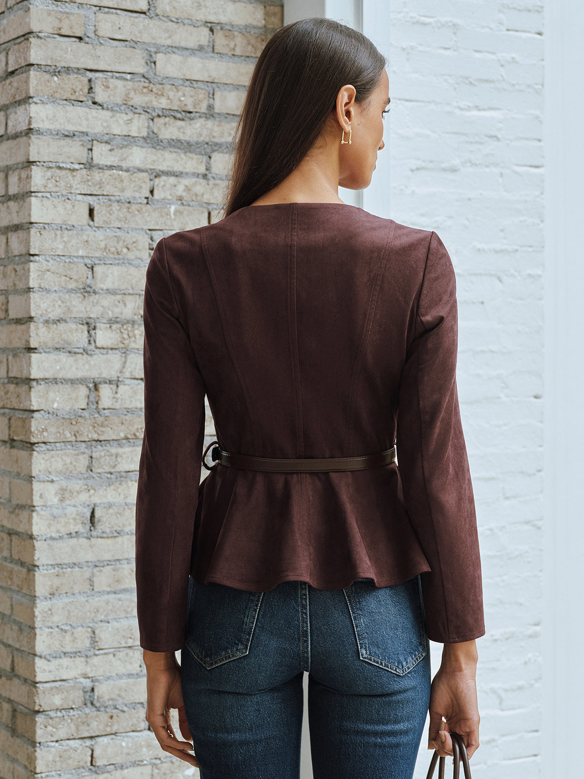 Belted Suede Effect Zipper Jacket