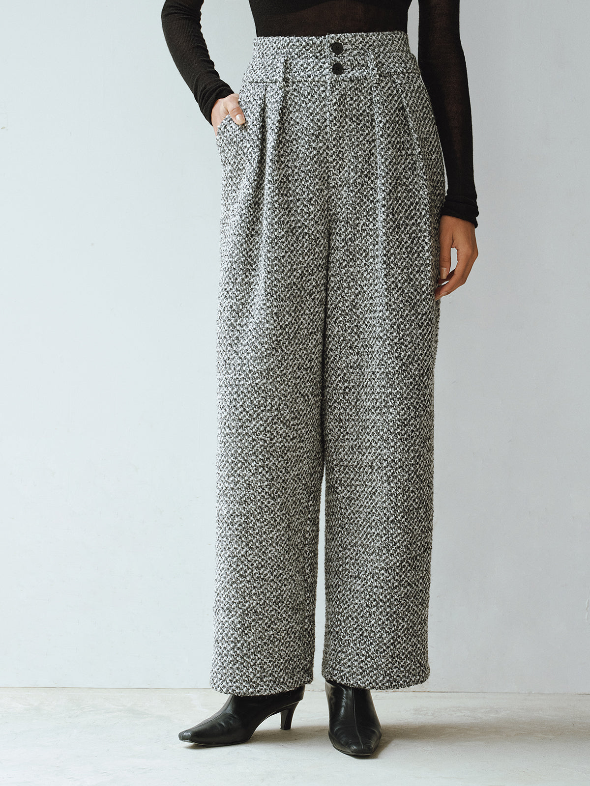 Pantalon en tweed à double taille en mélange de laine