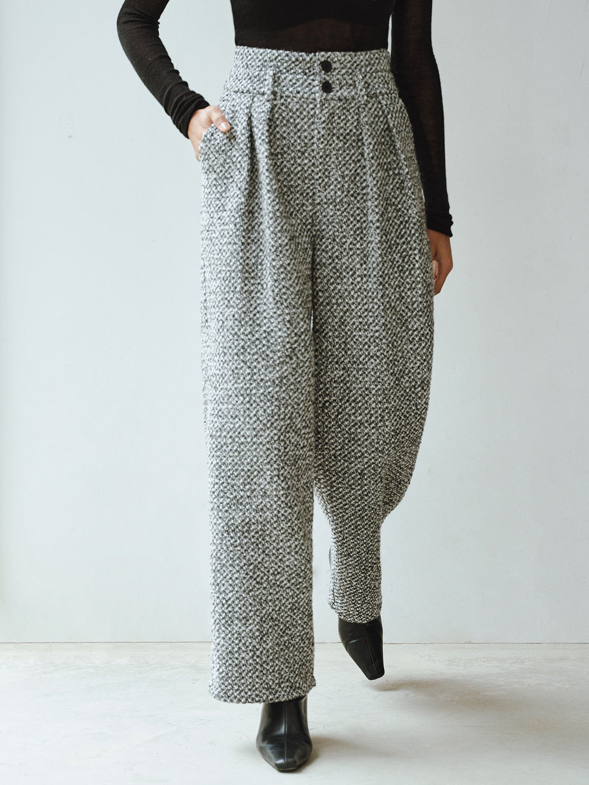 Pantalon en tweed à double taille en mélange de laine