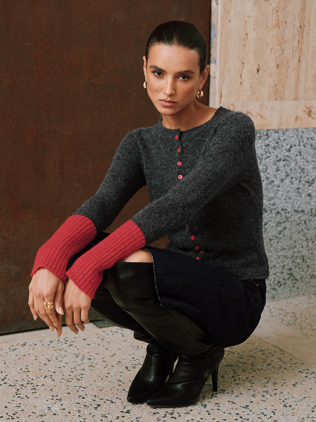 Contrast Cuff Wool-Blend Cardigan