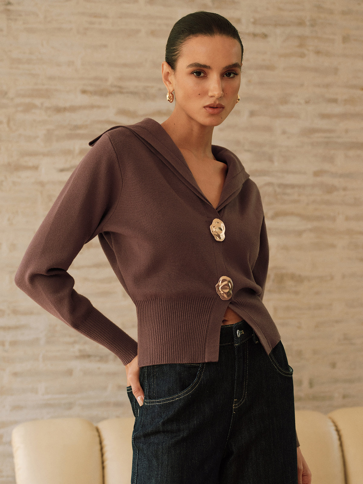 Metal Button Shawl Collar Knit Top