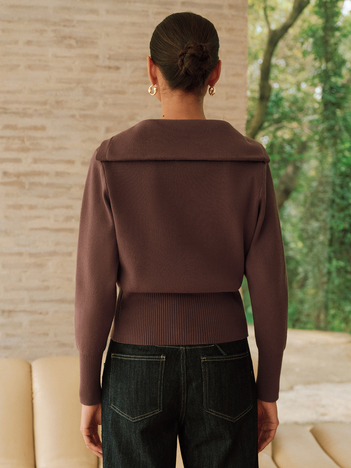 Metal Button Shawl Collar Knit Top