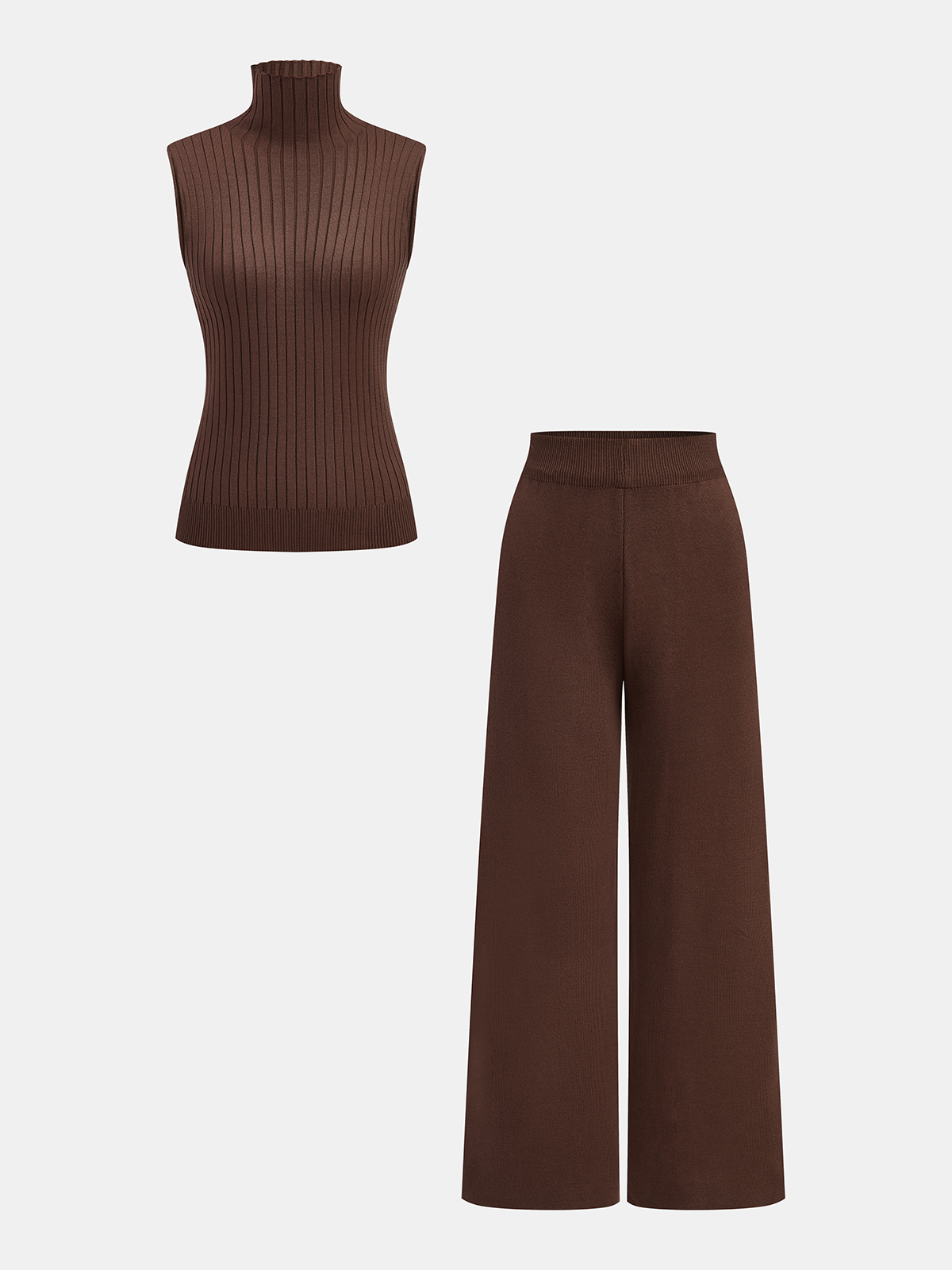 Ensemble trois pièces : pull à col roulé, gilet et pantalon en maille