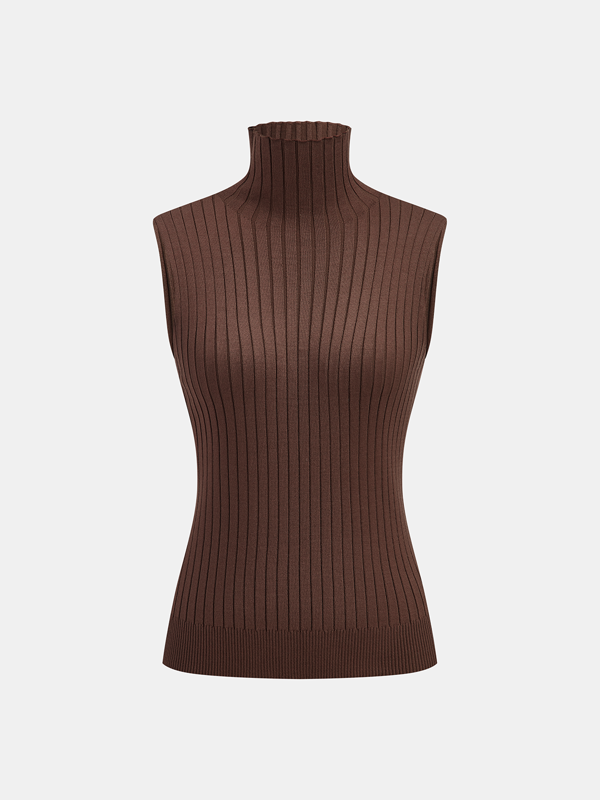 Ensemble trois pièces : pull à col roulé, gilet et pantalon en maille