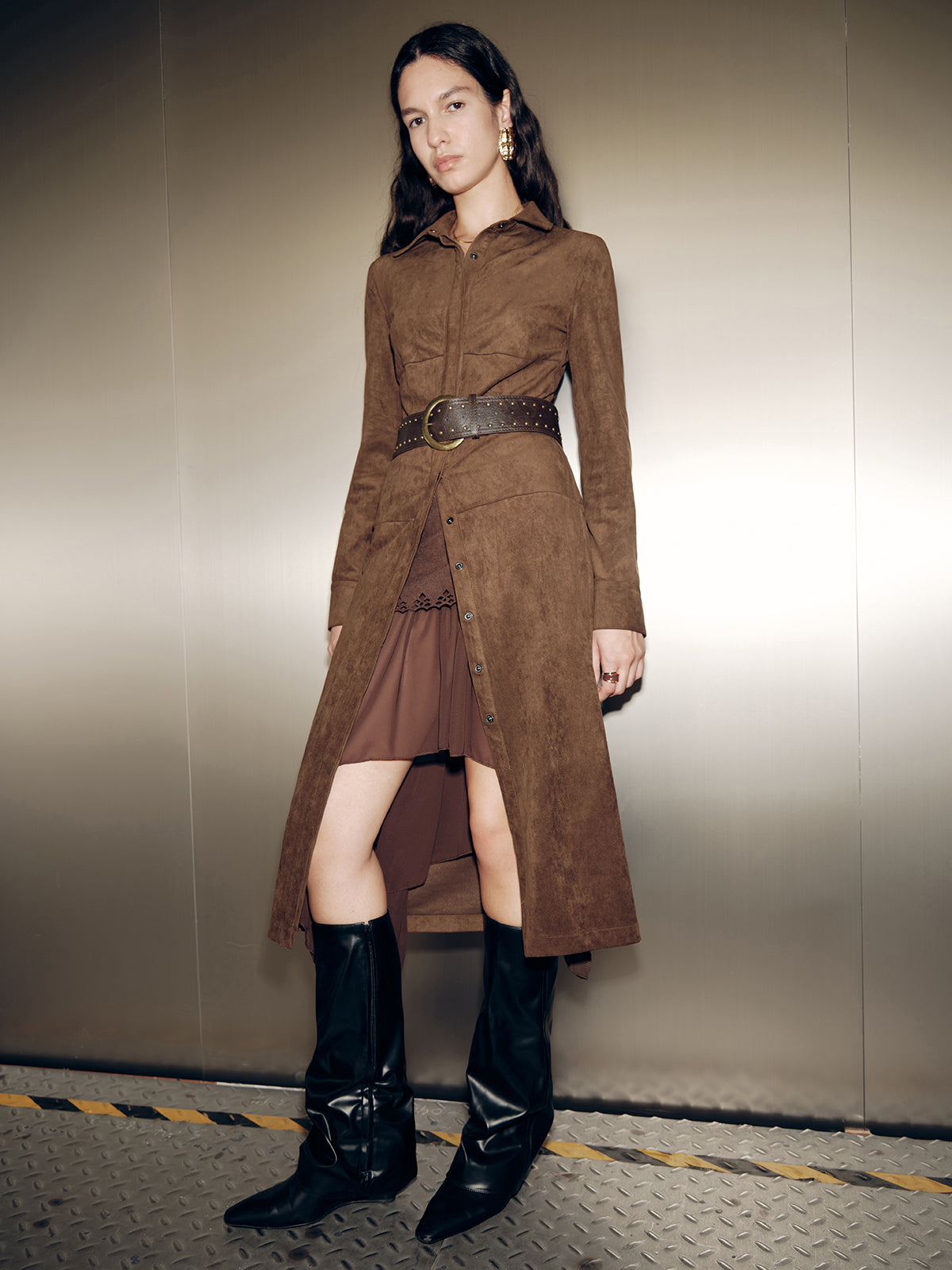 Robe chemise effet daim sans ceinture