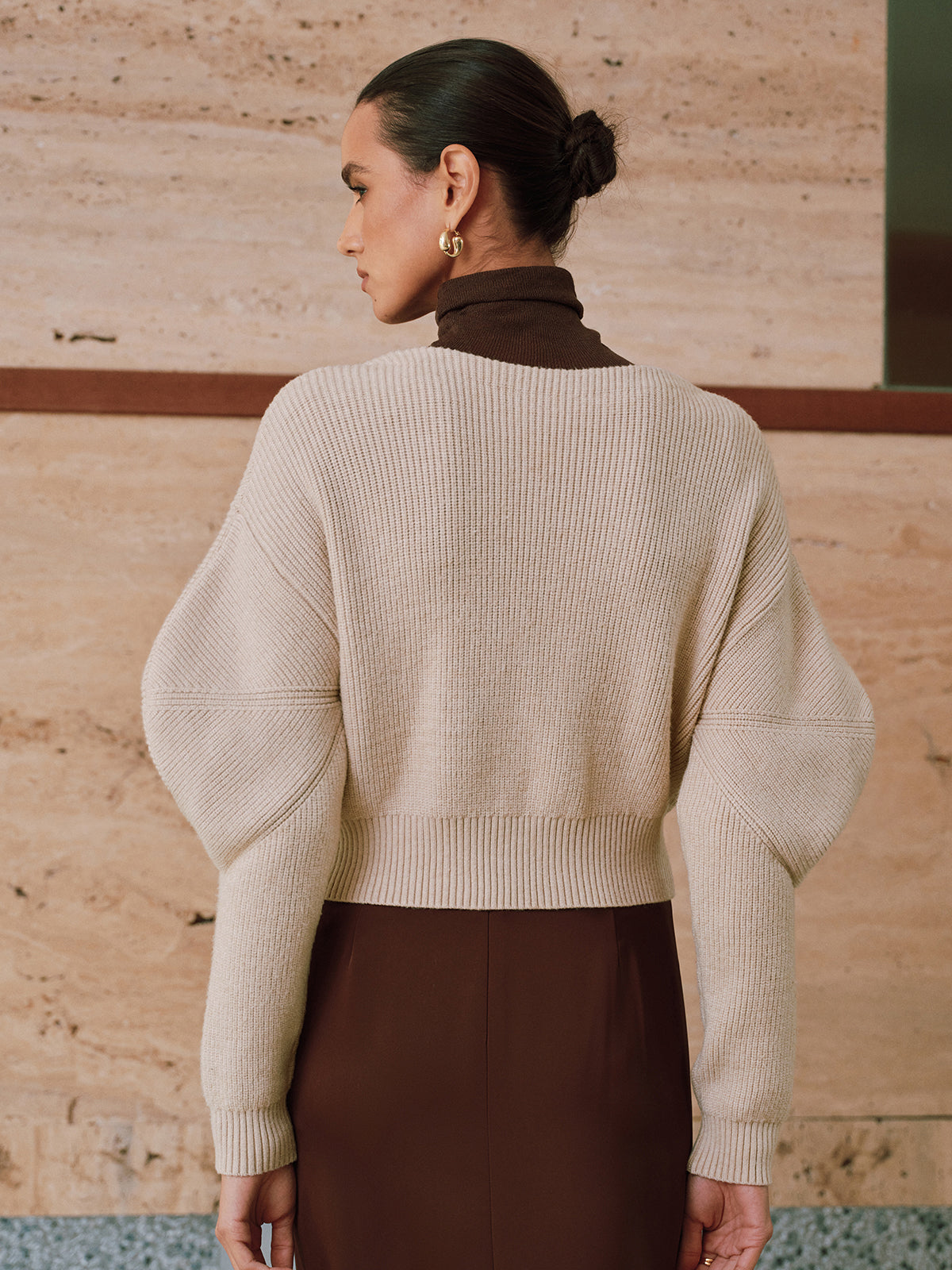 Puff Sleeve Chain Closure Knit Cardigan