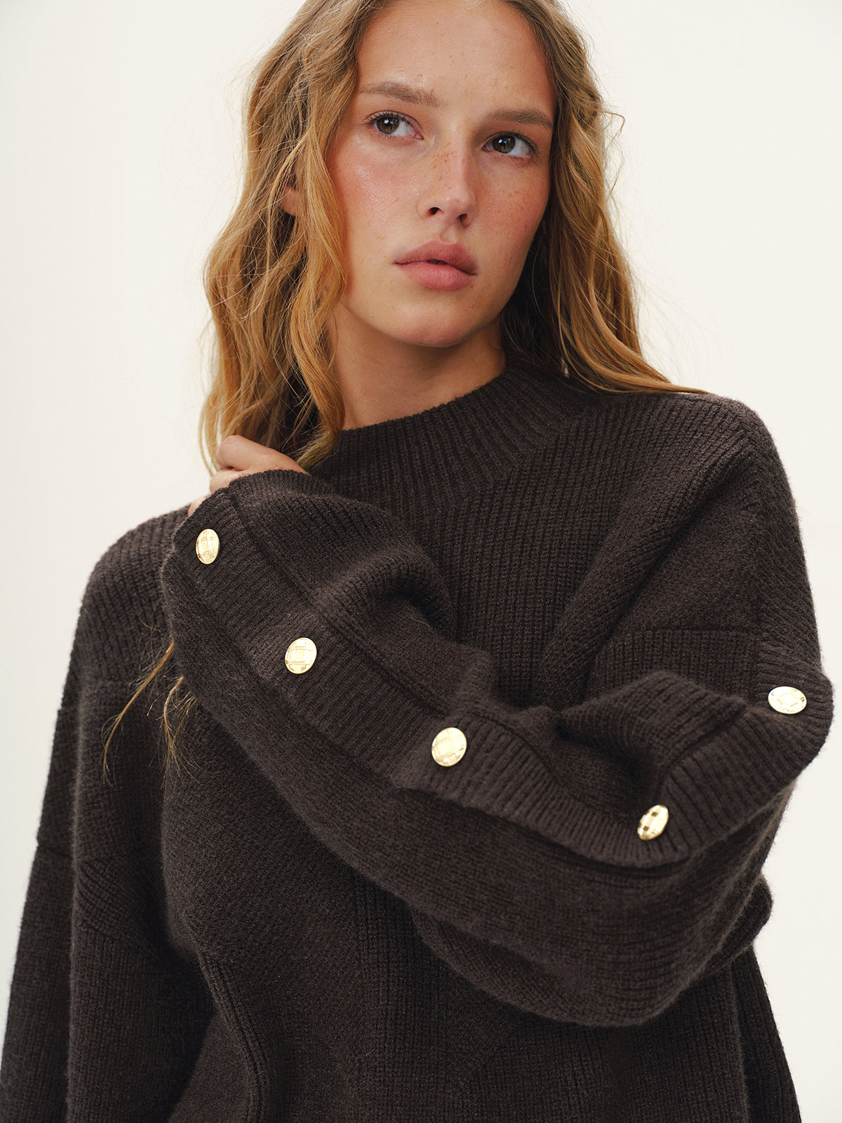 Button Detail Mock Neck Knit Sweater