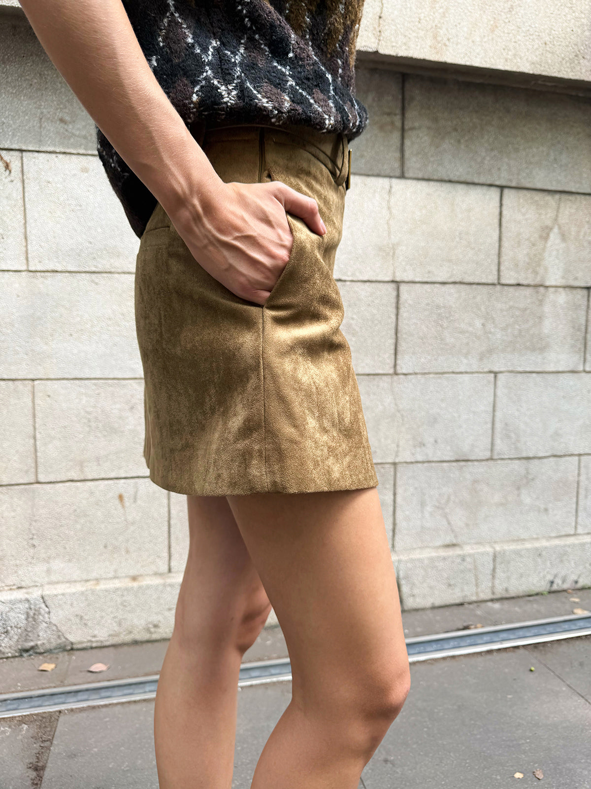 Belted Suede Effect Slit Mini Skirt