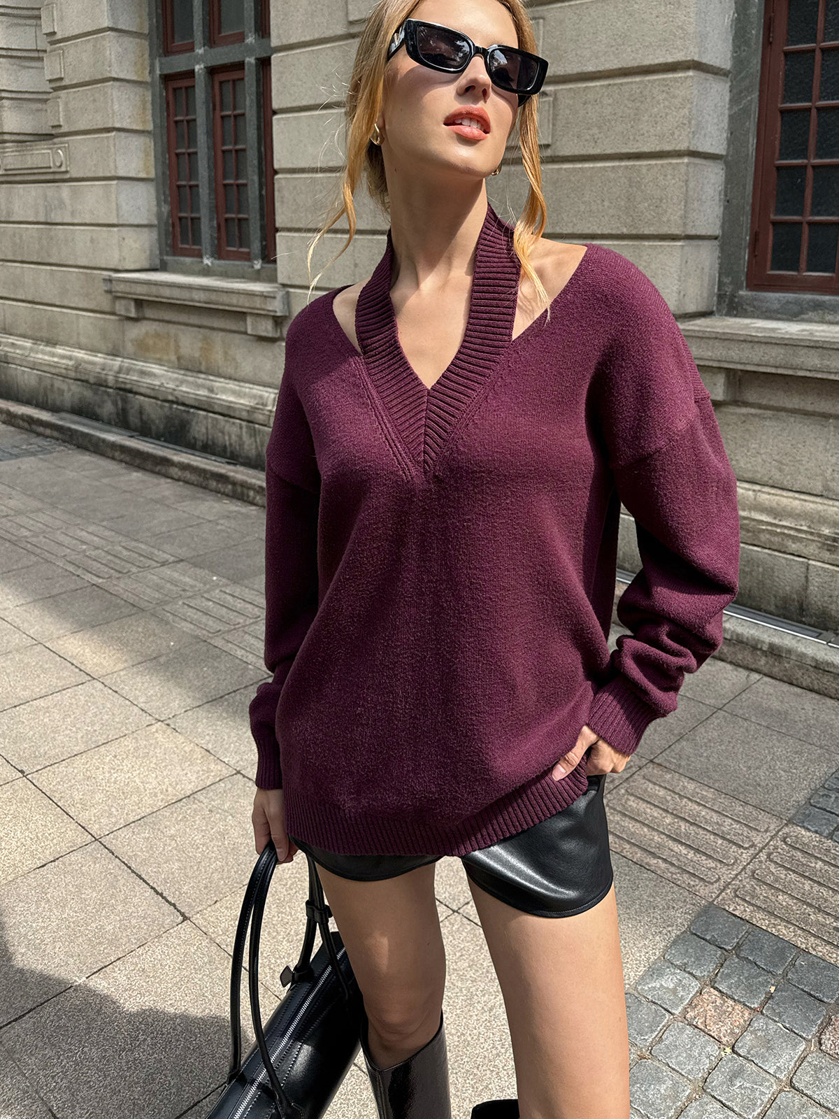 Halter Off-shoulder V-Neck Sweater