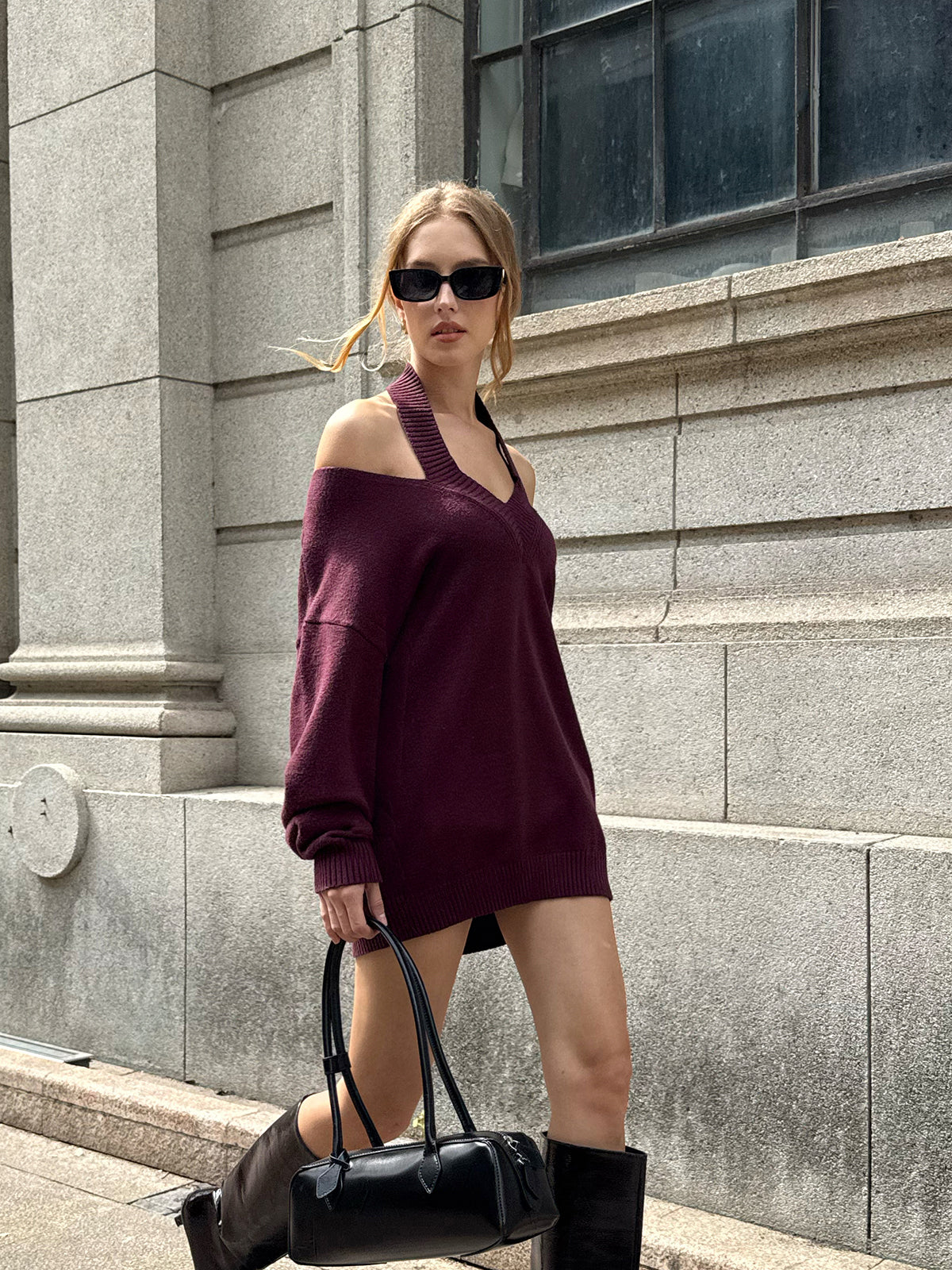 Halter Off-shoulder V-Neck Sweater
