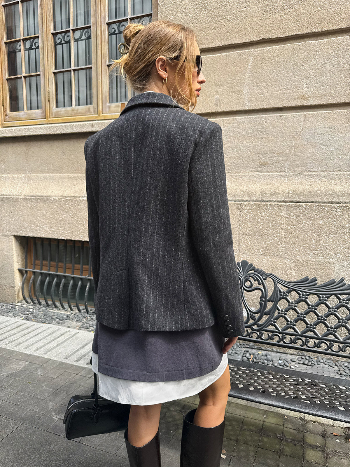Pinstripe Wool-Blend Belted Blazer