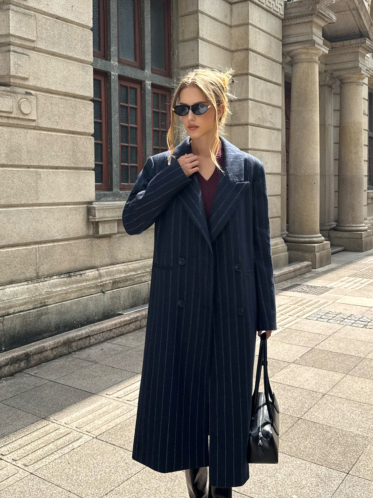 Striped Double-Breasted Long Tweed Coat