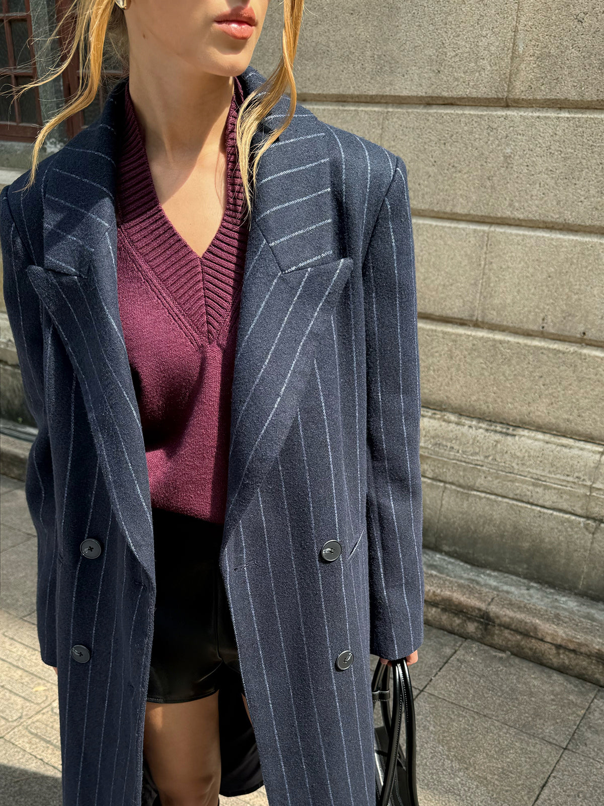 Striped Double-Breasted Long Tweed Coat
