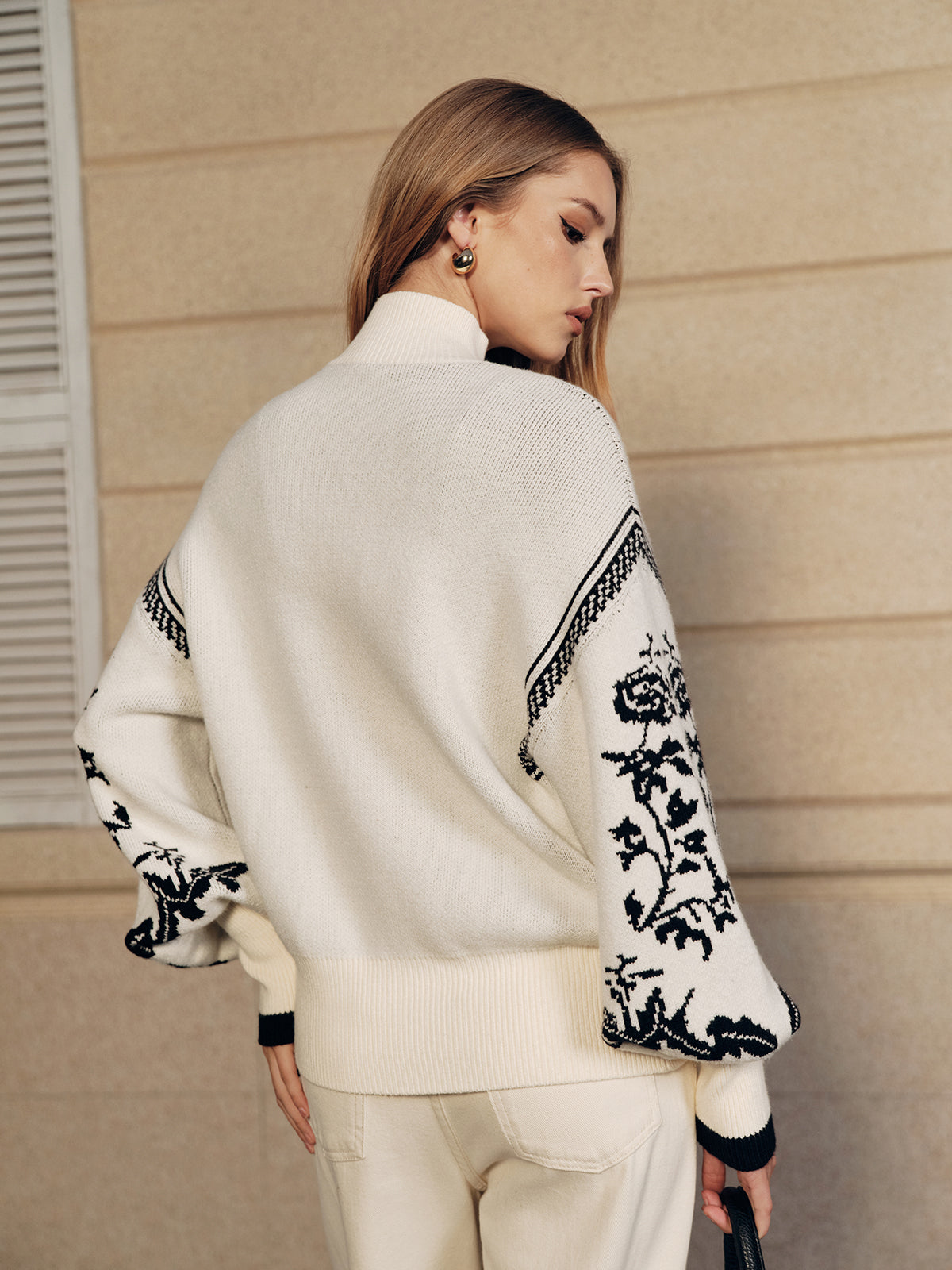 Floral Pattern Mock Neck Balloon Sleeve Sweater