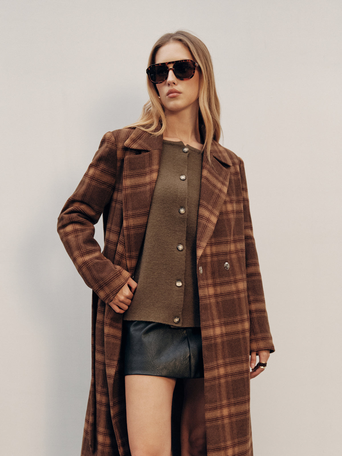 Belted Plaid Long Tweed Coat
