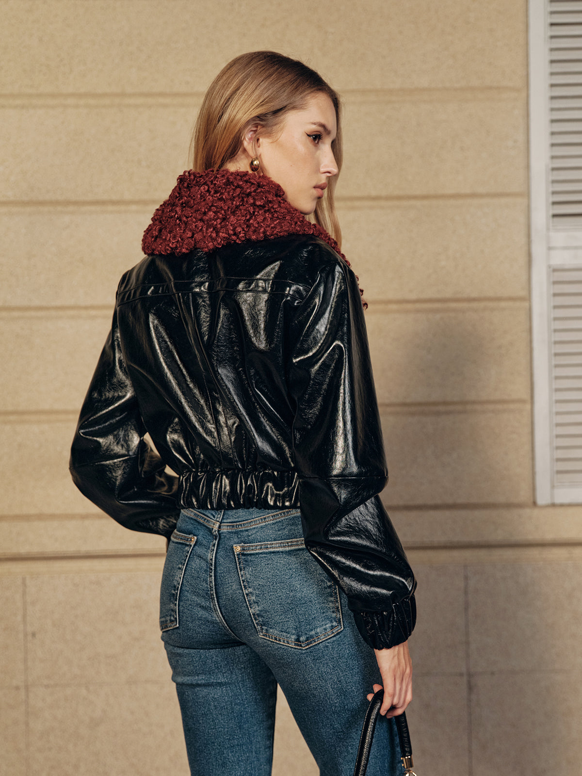 Faux Fur Collar Cropped PU Leather Jacket