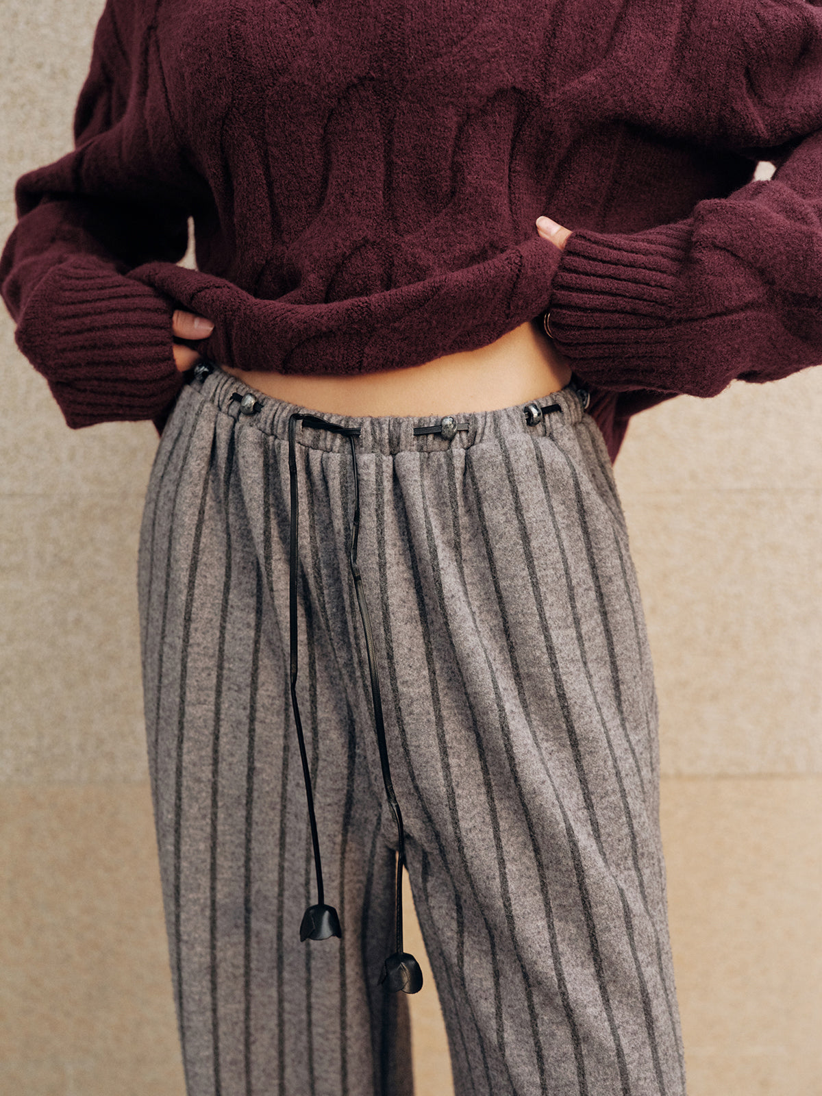 Tweed Striped Drawstring Wide-Leg Pants