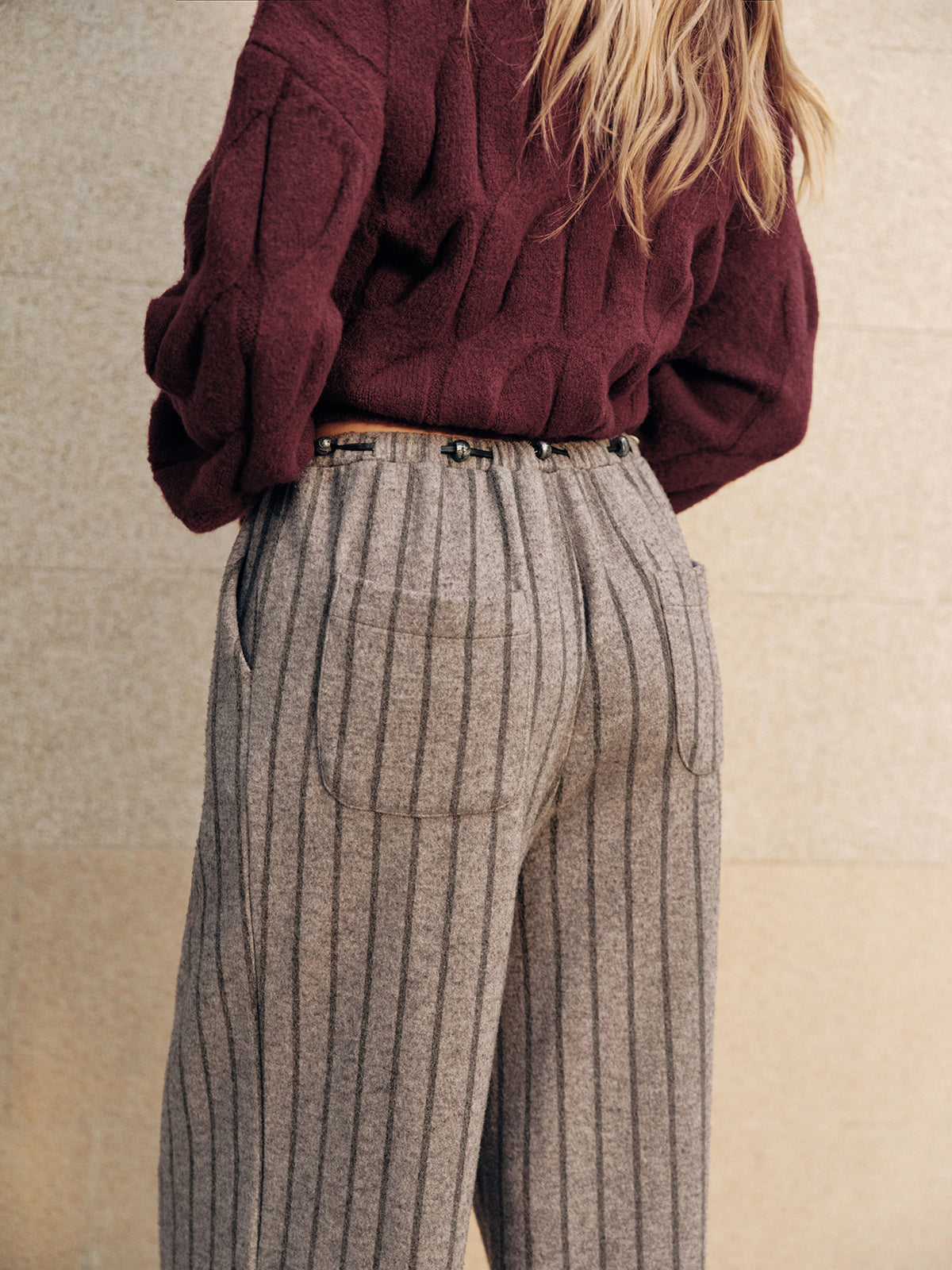Tweed Striped Drawstring Wide-Leg Pants